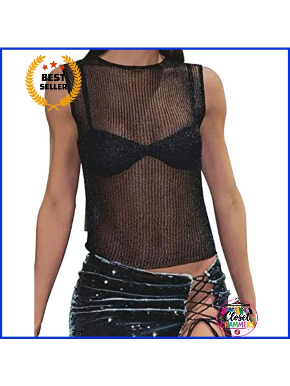 Sheer Fishnet Mesh Crop Tank Top Sleeveless Crewneck Layering Top